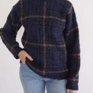 Northern Isles Navy Plaid Turtleneck Sweater Wool Blend